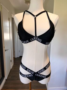 God Save Queens Black Strappy Bralette & Bikini Set with Branded Bands